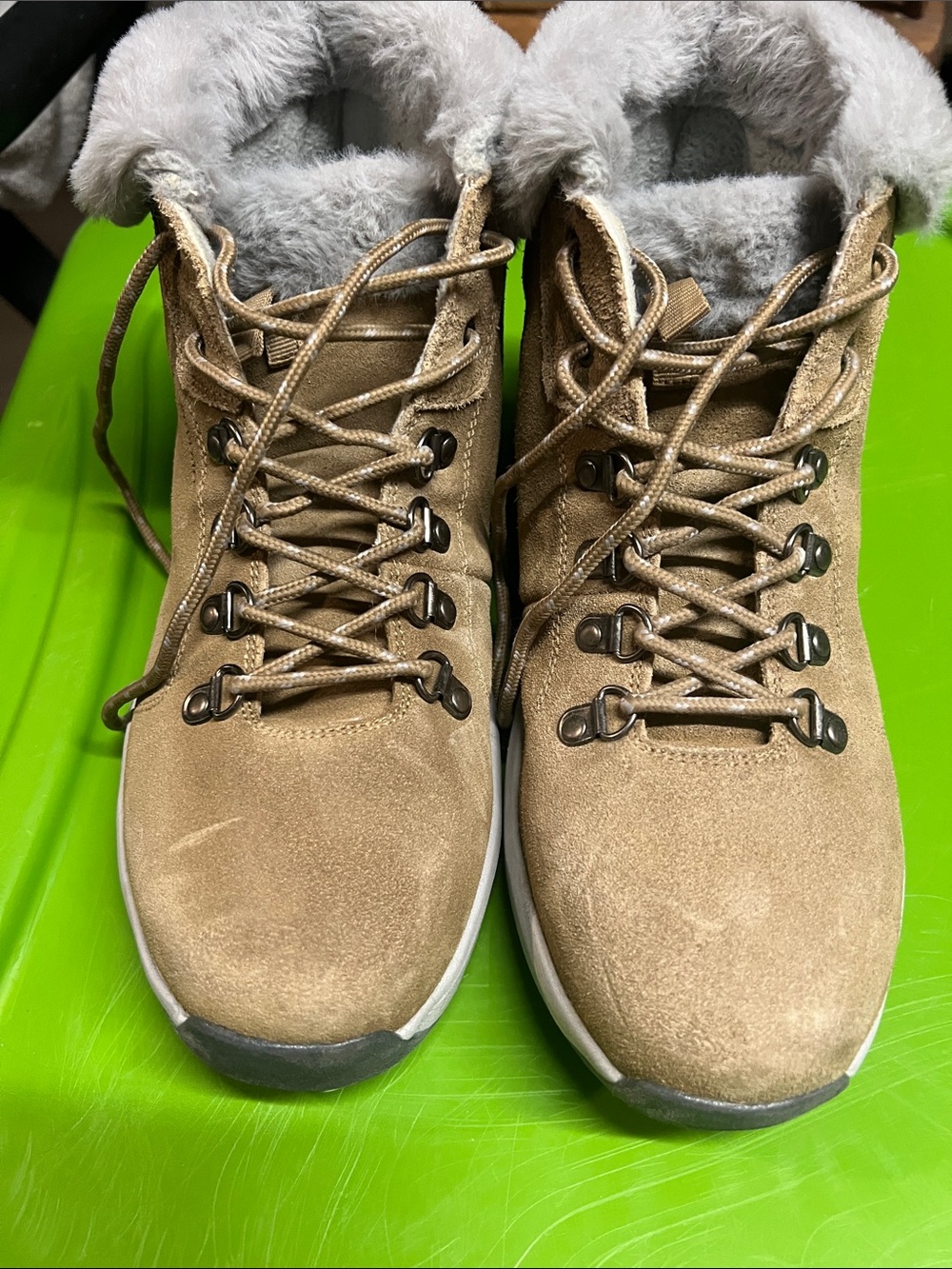 Lands' End Women's Tan Suede Winter Boots with Faux Fur Collar